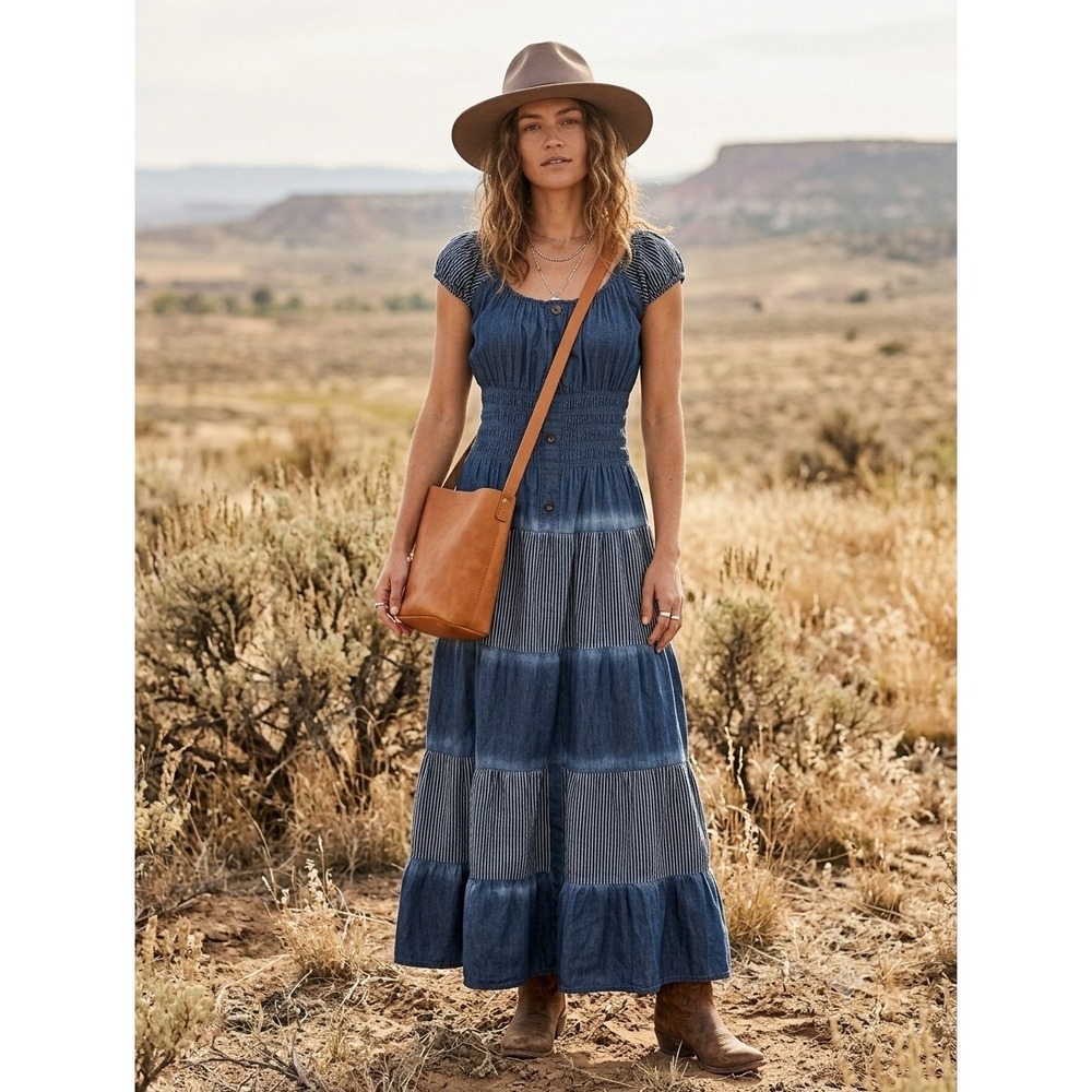 Lapis Anthropologie Blue Chambray Maxi Dress Boho Tiered Smocked Waist S Cotton